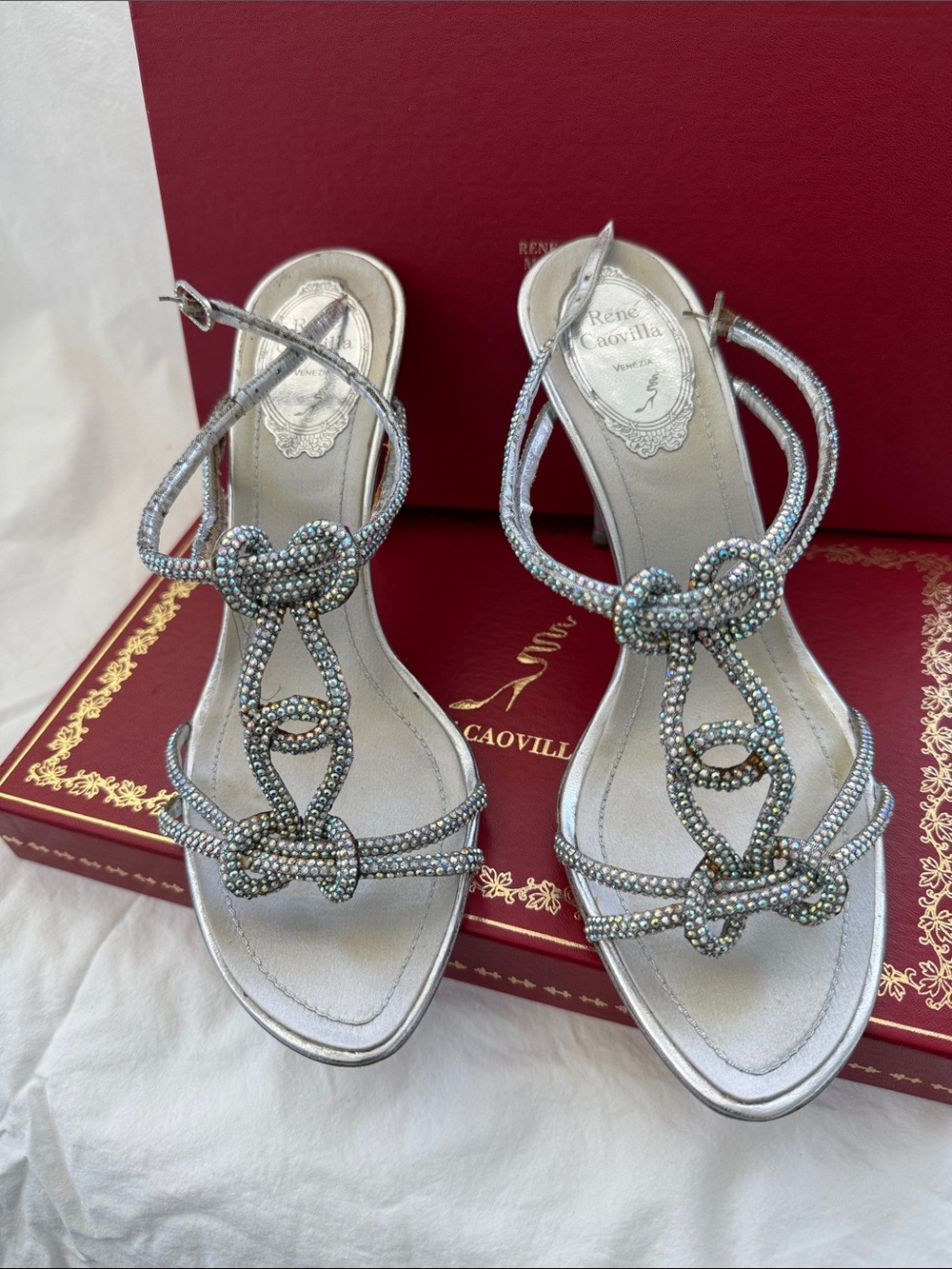 Rene Caovilla Silver Crystal Knot Strap Heels